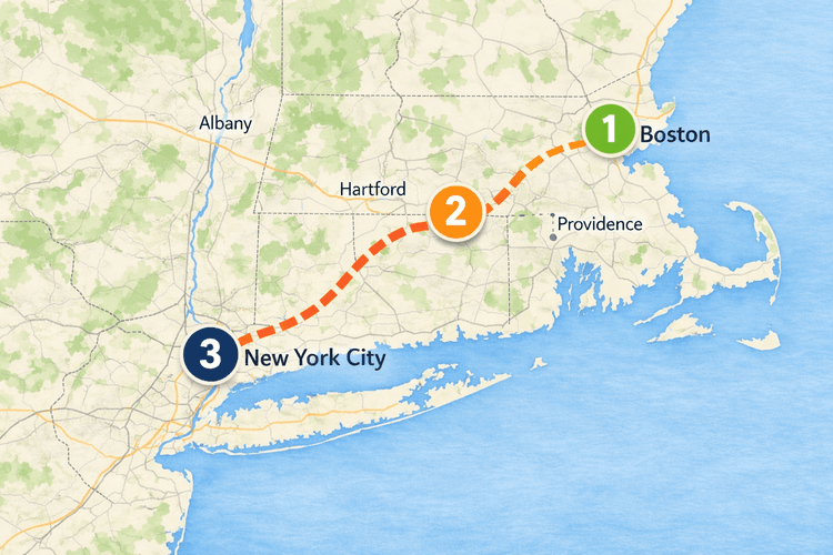 Book sale road trip route with numbered stops